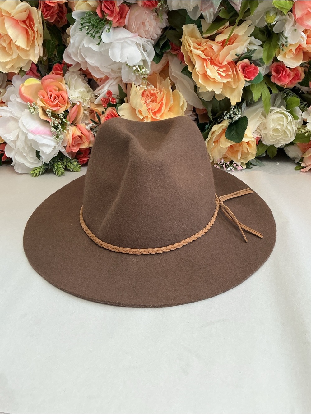D&Y Brown 100% Wool Felt Wide Brim Fedora Hat Braided Suede Tie One Size - Picture 4 of 10